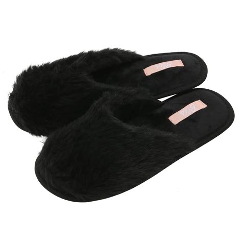 black fluffy slippers women's.